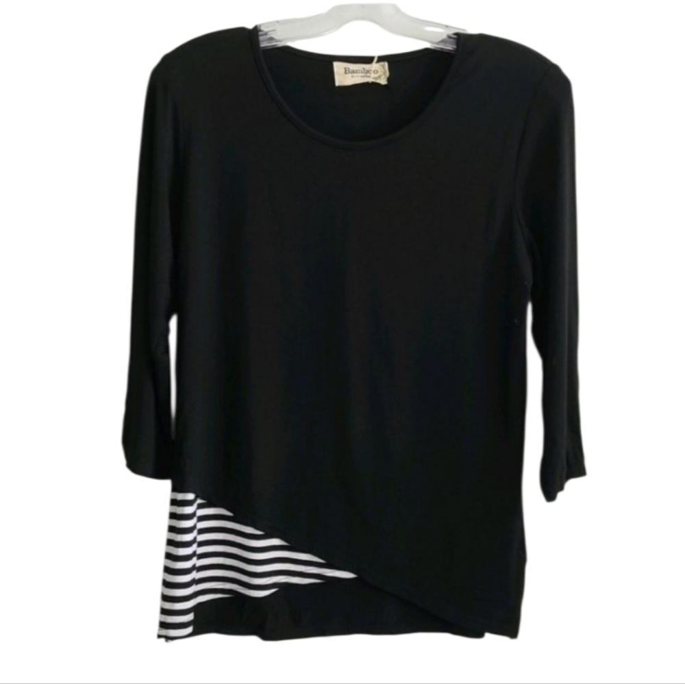 CREATION Bamboo Black solid with stripe accent Tunic Top Size Small NWT